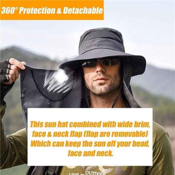 Fishing Hat for Men & Women, Outdoor UV Sun Protection Wide Brim Hat with Face - Picture 11 of 14